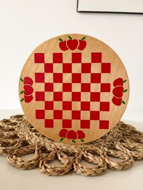 Vintage Round Wooden Bentwood Checkerboard Cheesebox with Red Apple Motif
